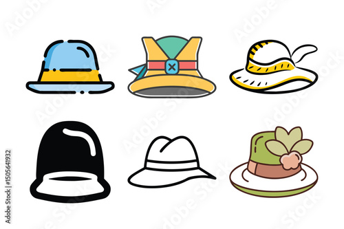 Stylish Hat Icon Set – Fashionable Headwear Illustrations in Flat and Minimal Styles

