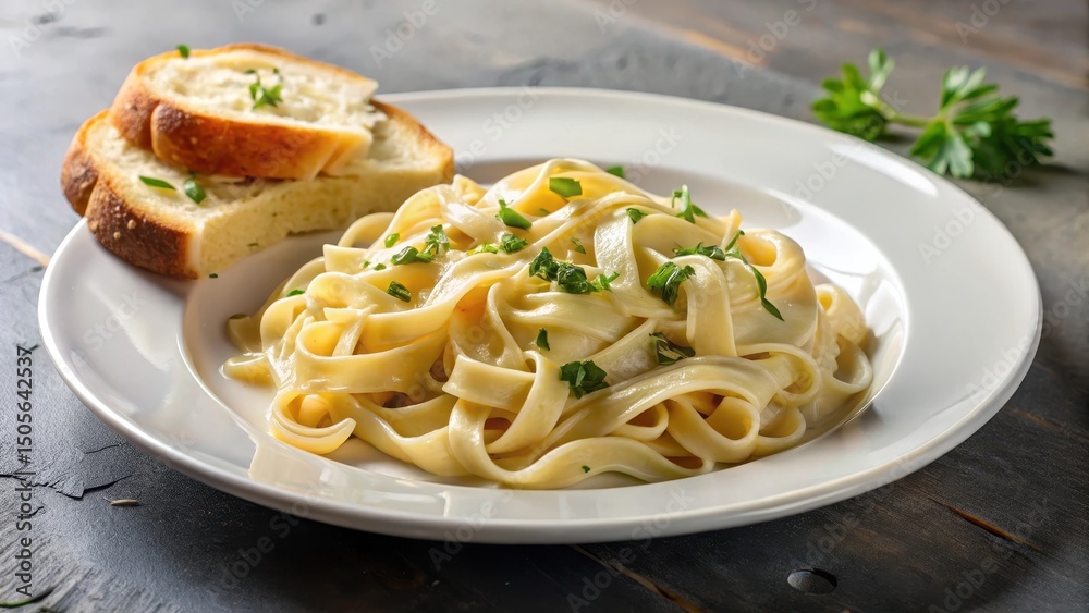 Creamy Fettuccine Alfredo Pasta with Toasted Bread on the Side, creamy, Rich creamy pasta dish on a white plate surrounded by toasted bread slices Creamy Fettuccine Alfredo Pasta with Toasted Bread on the Side, creamy, Rich creamy pasta dish on a white plate surrounded by toasted bread slices
