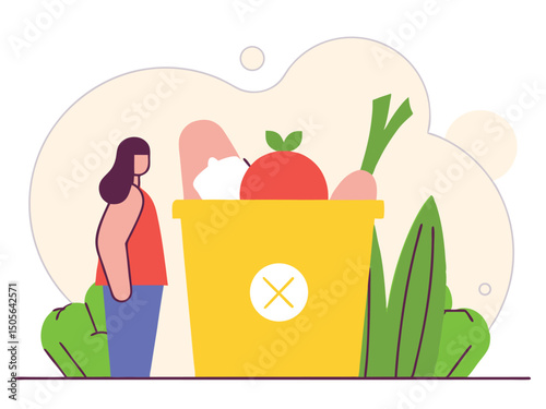 Woman Composting Food Waste in Compost Bin Vector Illustration