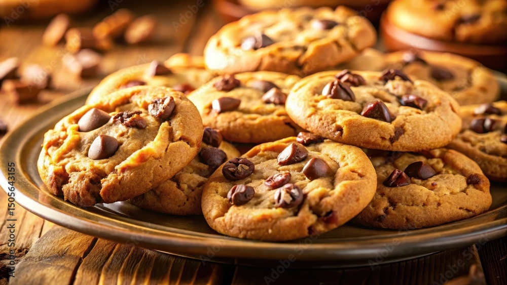 Soft, golden light illuminates a plate of warm cookies with gooey chocolate and walnut centers Soft, golden light illuminates a plate of warm cookies with gooey chocolate and walnut centers
