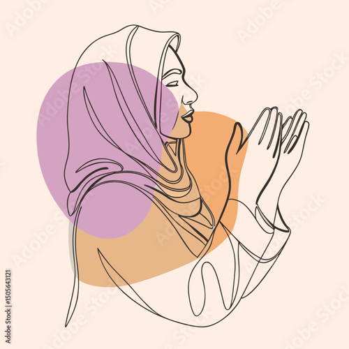 Elegant Line Art Praying Muslim Woman in Hijab with Abstract Background Design