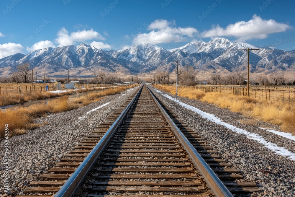 Fototapeta premium Railroad tracks stretch into the distance toward snow-capped mountains under a bright blue sky with scattered clouds.