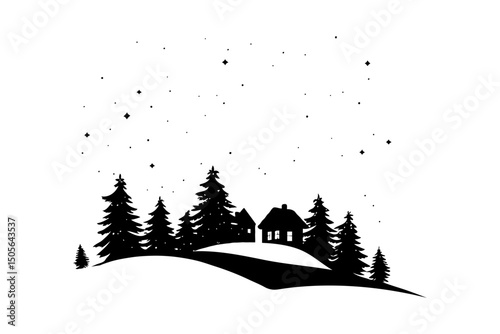 Silhouette of a cozy cabin among pine trees on snowy hills with stars above, in black on white background, concept of winter forest night