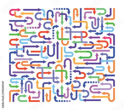 Abstract vector background of many colorful arrows pointing in different directions.