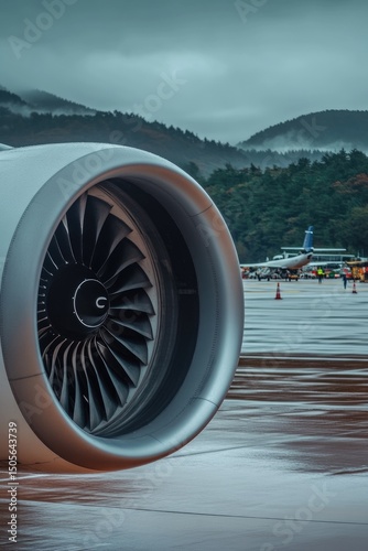 Close-up of a large turbofan engine on a tarmac, with a misty mountain backdrop and other aircraft in the distance