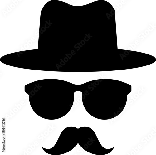 Gentleman icon. Man wears glasses with hat and mustache black vector design. Secret agent icon in a hat and glasses mustache isolated on transparent background. Vector illustration.