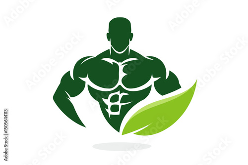Green Muscular Man Silhouette with Leaf on White Background. minimalist vector icon logo
