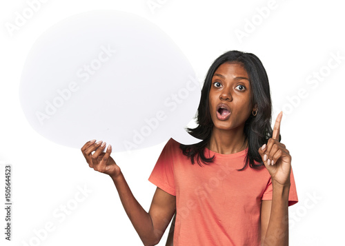 Indian woman with dialogue bubble having an idea, inspiration concept.