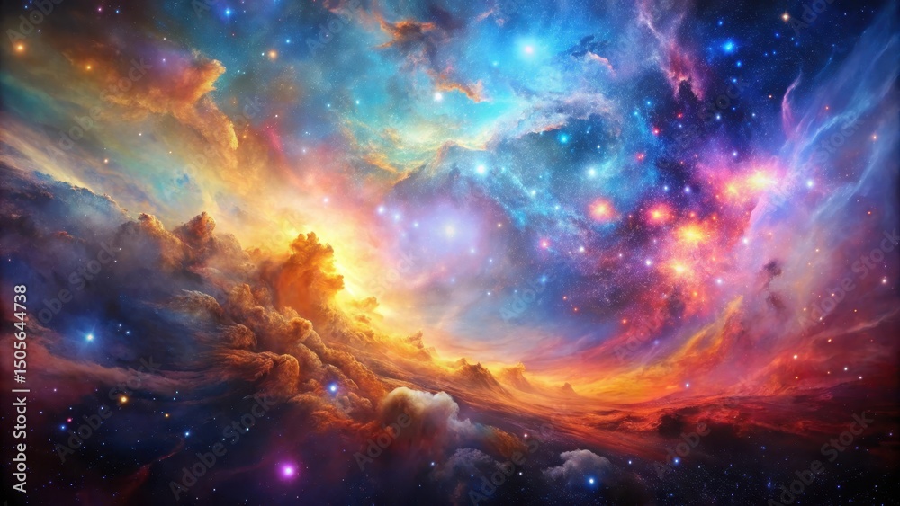 Colorful nebulae and stars in a vast cosmic background with swirling clouds of gas and dust , Abstract Cosmic Background, Space Colorful nebulae and stars in a vast cosmic background with swirling clouds of gas and dust , Abstract Cosmic Background, Space