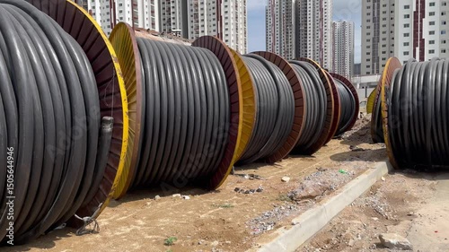 rolls of cable on a construction site background high rise apartments