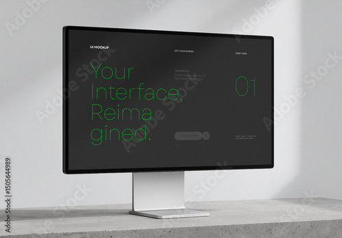 Dark Mode Monitor Mockup – PSD Template with UI Layout on Black Screen for Web Interface Design, Application Display, or Modern Digital Product Presentation