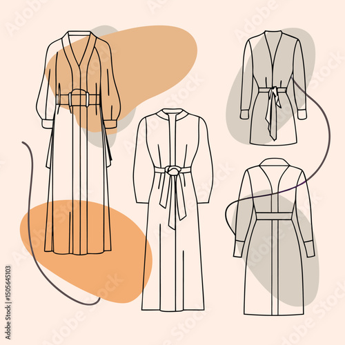 Line Art Dresses Fashion Sketches with Belted Designs and Neutral Backgrounds