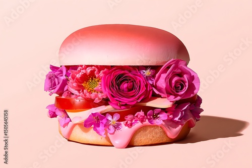 Artistic floral burger arrangement on a pink pastel background