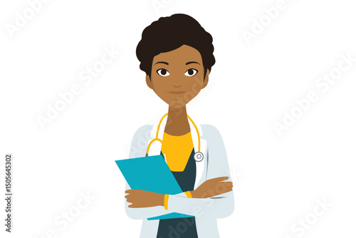 Confident Female Doctor Holding Clipboard in White Background. minimalist vector icon logo