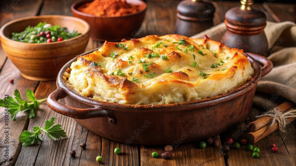 A warm, savory Shepherd's Pie topped with a layer of fluffy mashed potatoes and golden brown on top, emerging from a rustic stone oven, cottage food, ground meat A warm, savory Shepherd's Pie topped with a layer of fluffy mashed potatoes and golden brown on top, emerging from a rustic stone oven, cottage food, ground meat