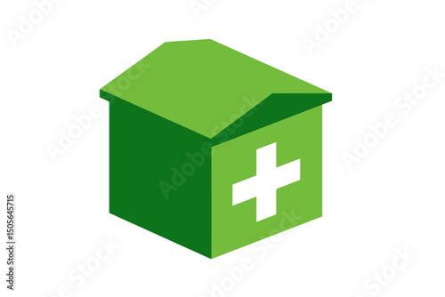 Isometric Green House with White Cross Healthcare Symbol. minimalist vector icon logo
