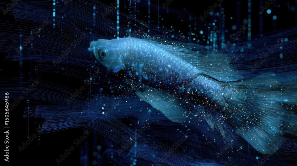 Fototapeta premium Cyber Fish Navigating Through Flowing Data Currents