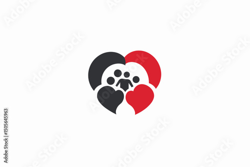 Red and Black Heart Logo with Paw Print and Family Symbol. minimalist vector icon logo