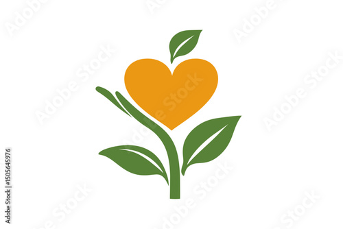 Orange Heart and Green Plant Sprout on White Background. minimalist vector icon logo