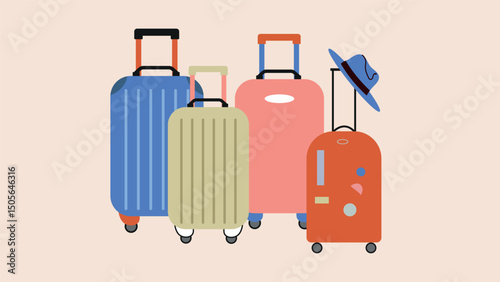 Various suitcases for luggage. Vacation, travel, holiday concept. Hand drawn vector set. Colorful fashion illustration.Flat design. All elements are insulated.