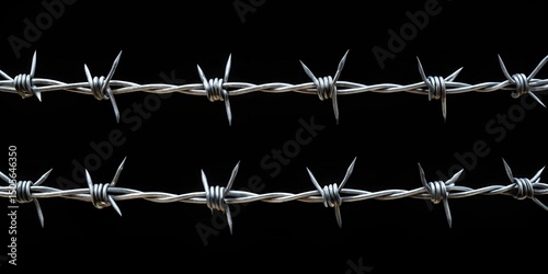 Winding barbed wire on black background with isolated fence posts, metal, fence posts,  metal, fence posts, perimeter, dark