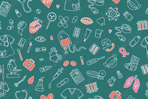 Seamless pattern of medical products, medicines, health worker clothes in doodle style. Hand drawn vector illustration