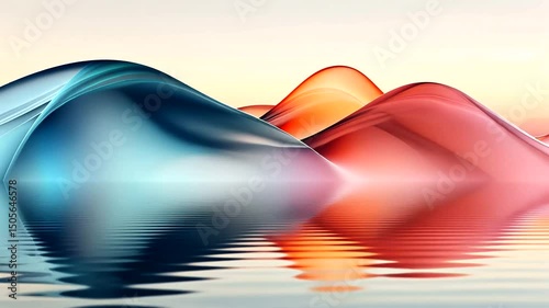 Abstract wavy gradients in blue, red, orange and pink hues are mirrored on water against a backdrop of light yellow and white sky