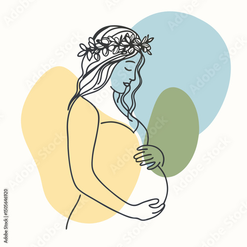 Minimalist Art Pregnant Woman with Flower Crown Touching Belly, Line Drawing Illustration