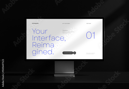 Minimal Monitor Mockup – PSD Template with UI Layout on Glossy Screen in Dark Scene for Website Presentation, App Display or Interface Design Promotion
