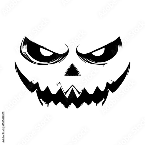 Angry jack-o'-lantern face with jagged teeth and intense eyes in ink style on white background, concept of Halloween horror and spooky emotion