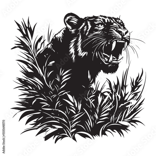 Fierce black tiger roaring amidst bushes vector image