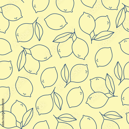 Lemon seamless pattern. Blue outline whole lemons, slices, and leaves on yellow background