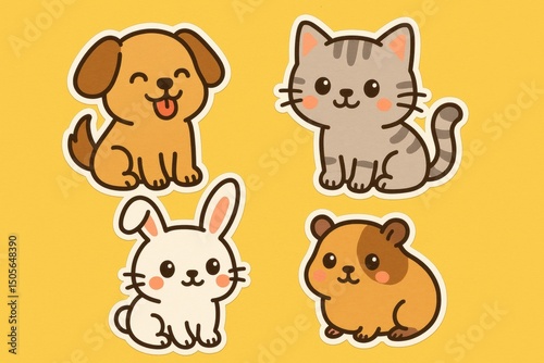Cute Cartoon Animals Including a Dog, Cat, Rabbit, and Hamster on a Yellow Background With Cheerful Expressions and Playful Poses