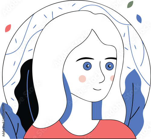 Smiling woman portrait with botanical elements in minimalist vector illustration