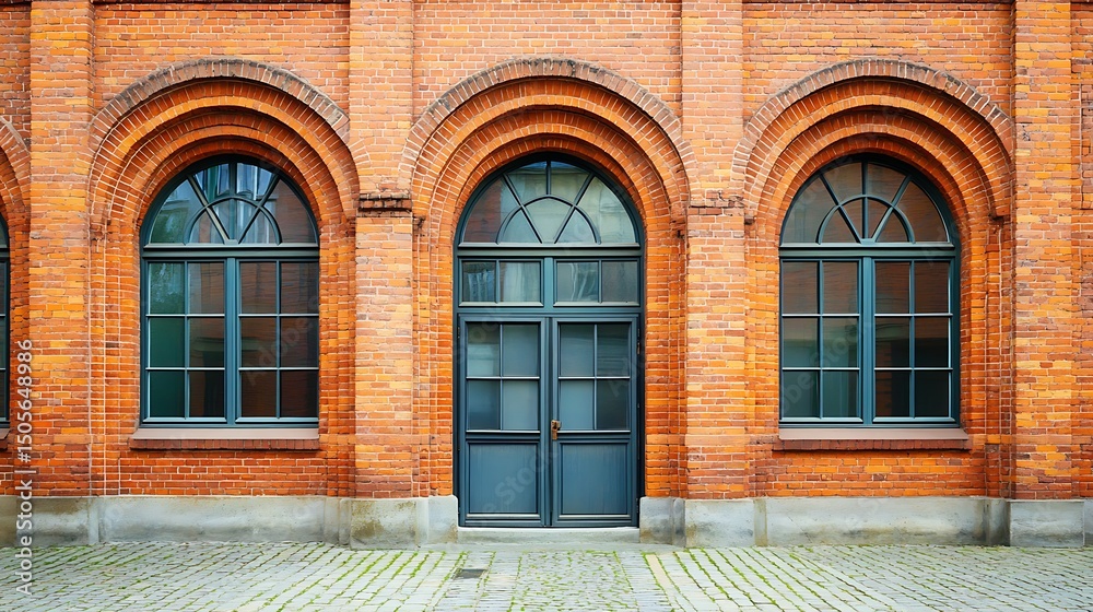 Fototapeta premium Exterior View of Red Brick Building with Arched Windows and Central Door with a Stone Pavement and Blue Window Frames under Bright Daylight