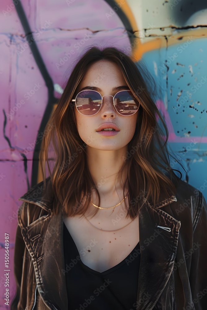 Fototapeta premium A young woman stands confidently against a vibrant graffiti wall, wearing stylish sunglasses and a casual outfit. Her relaxed pose complements the artistic backdrop and bright colors around her