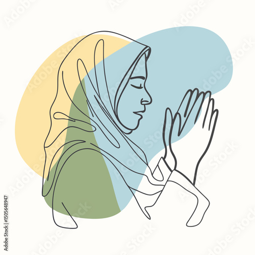 Minimalist Line Art of Woman in Hijab Praying with Pastel Background