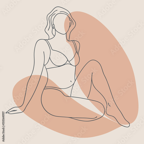 Minimalist Line Art of Woman in Lingerie with Abstract Shapes and Neutral Colors
