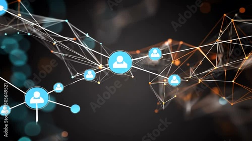 Graphic depiction of interconnected figures with lines against a dark background with bokeh