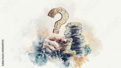Hand Holding Gold Coin Stack with Question Mark Watercolor Art Style on White Background Depicting Financial Uncertainty and Investment Choices