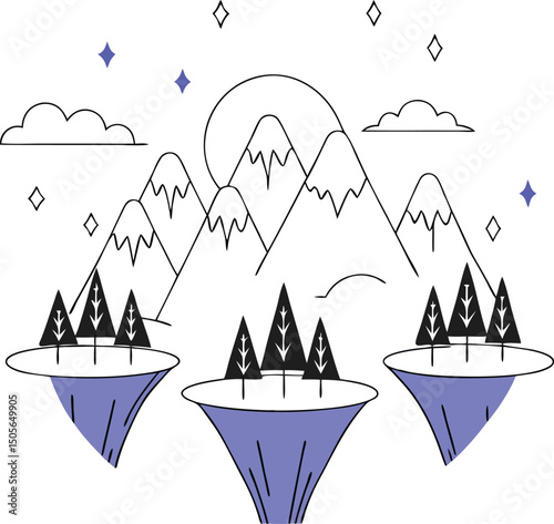 Stylized landscape with floating islands trees and sparkles suitable for design projects