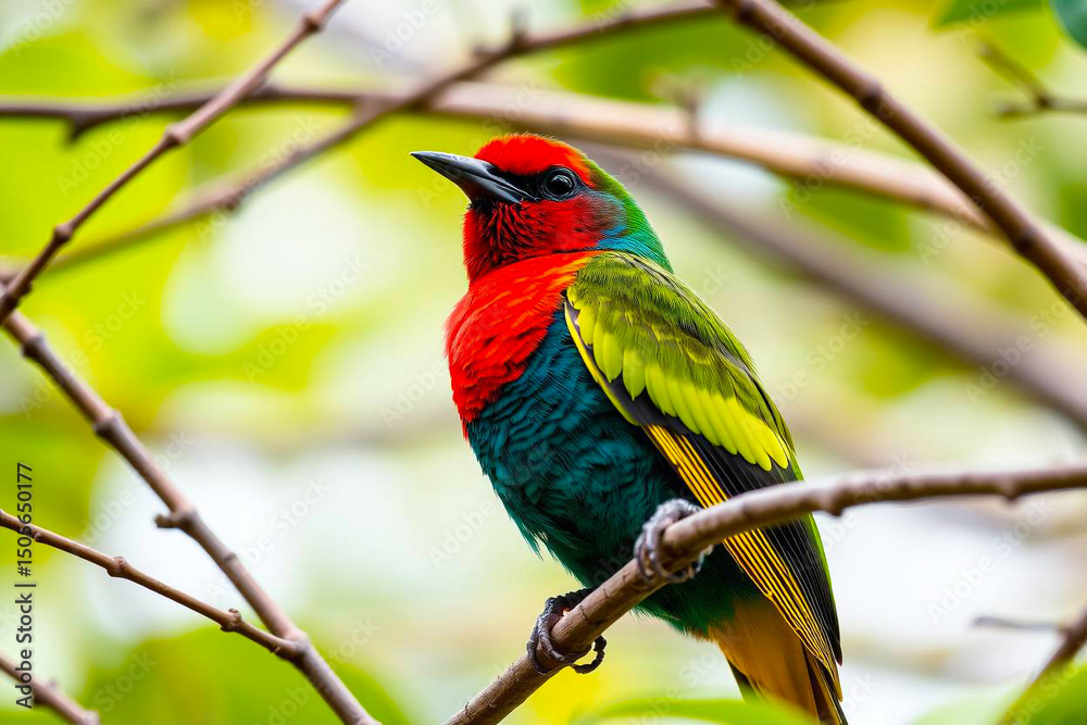 Obraz premium Striking Crimson-Collared Tanager Perched on a Tree Branch, Displaying Its Vivid Red and Black Plumage in a Lush Natural Setting, Vibrant Wallpaper