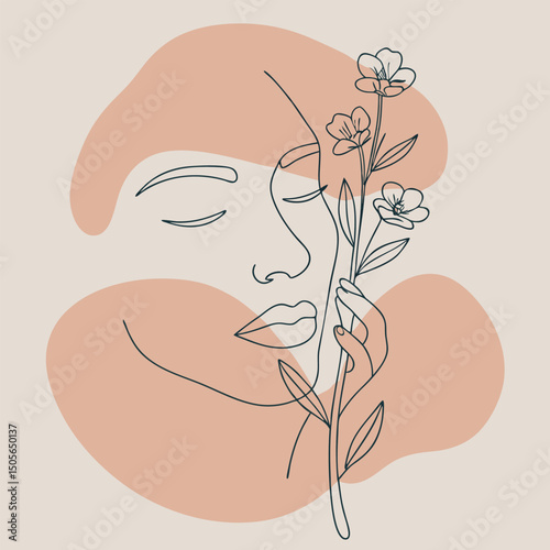 Minimalist Line Art Woman's Face with Flowers, Aesthetic Illustration on Beige and Peach Background
