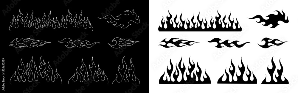 Flame silhouettes in classic 90s style, motorcycle and hot rod car style. Old school, retro tattoos. Black and white flame silhouette and outline style. Retro fire aesthetics, with flames. Vector set