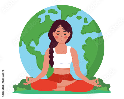 woman meditating peacefully yoga in nature celebrating International Yoga Day on June 21 vector illustration