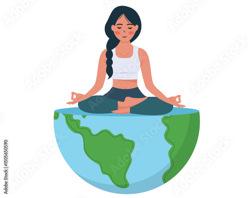 Sporty young woman meditating on top of the earth celebrating international yoga day vector illustration
