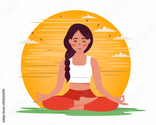a woman practicing yoga at sunrise healthy woman relaxing and practicing yoga at nature mindfulness vector illustration