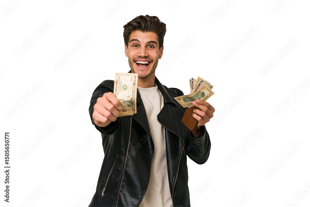 Young caucasian man holding dollars banknotes isolated Young caucasian man holding dollars banknotes isolated