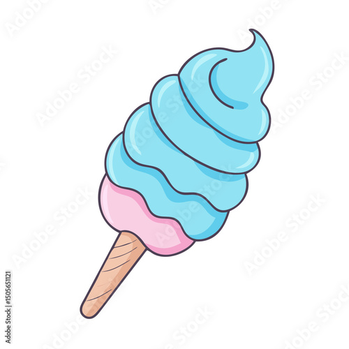 Cartoon Illustration of a Swirled Blue and Pink Cotton Candy Cone