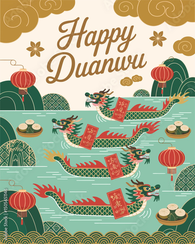 Dragon boat vertical poster vector greeting art. Dragon Boat Festival Vector Art for Greetings, Posters, Ads and Social Media